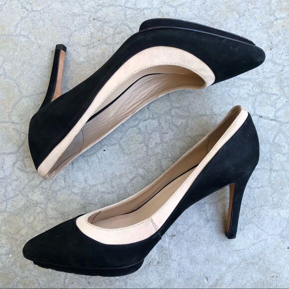 Loeffler Randall Aline black beige Demi platform pumps heels nubuck suede 6.5 - Picture 2 of 7